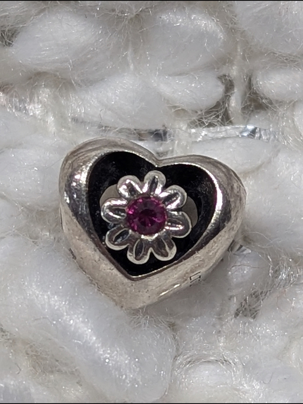 Chamilia sterling silver "Love Blooms" heart charm featuring a central pink gem